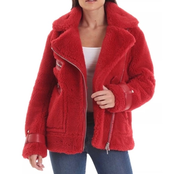 Avec Les Filles Faux Shearling Fur Leather Moto Jacket Coat Red
